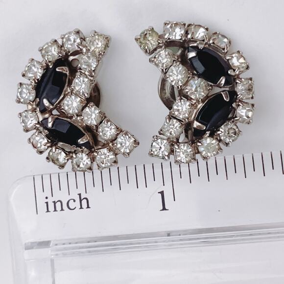 VTG Mid Century Clip On Earrings Rhinestone Crescent Silver Tone 1950s 1960s - Picture 6 of 12